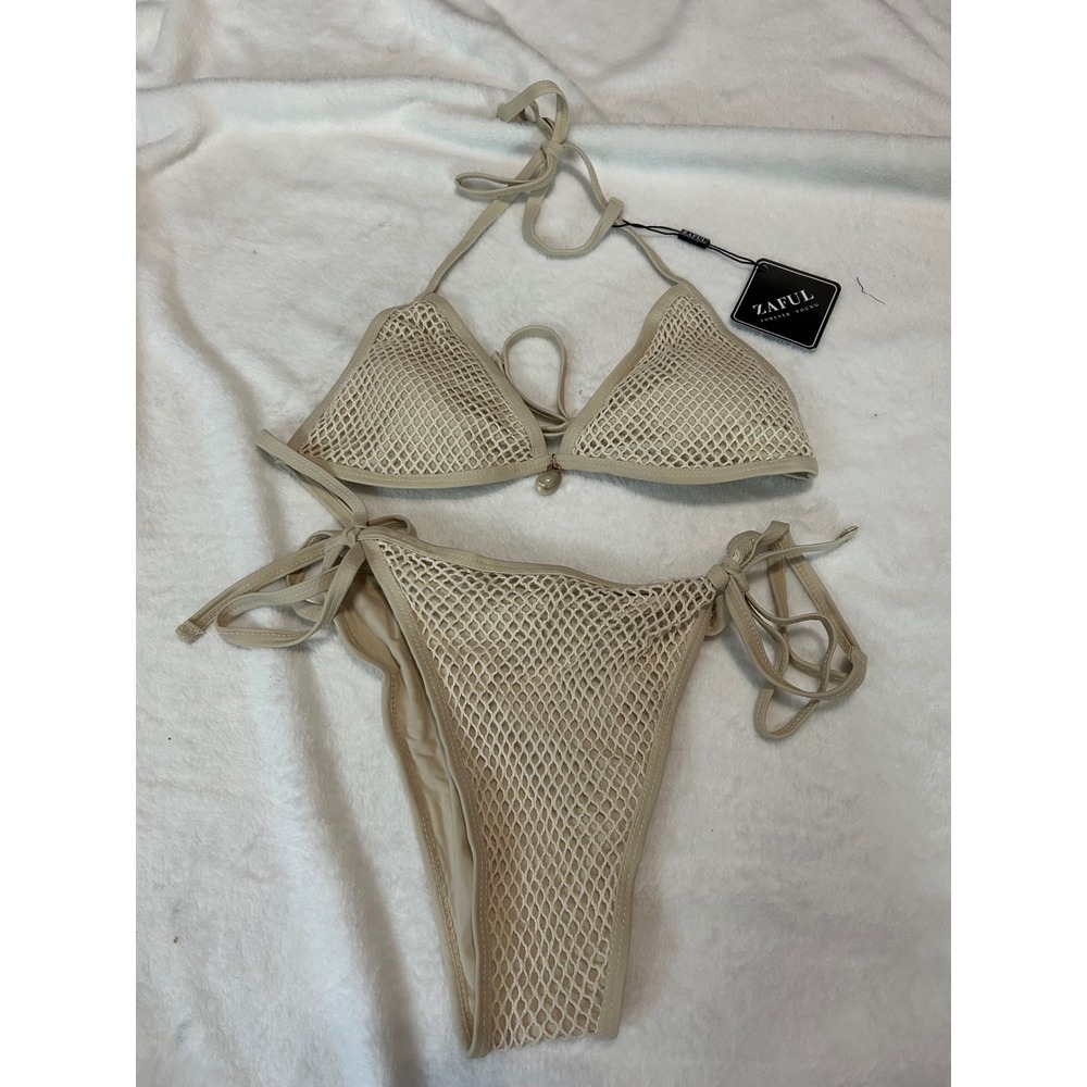 Zaful Beige‎ Crochet Bikini Set US 4 Halter Tie Swimsuit Beach Vacation